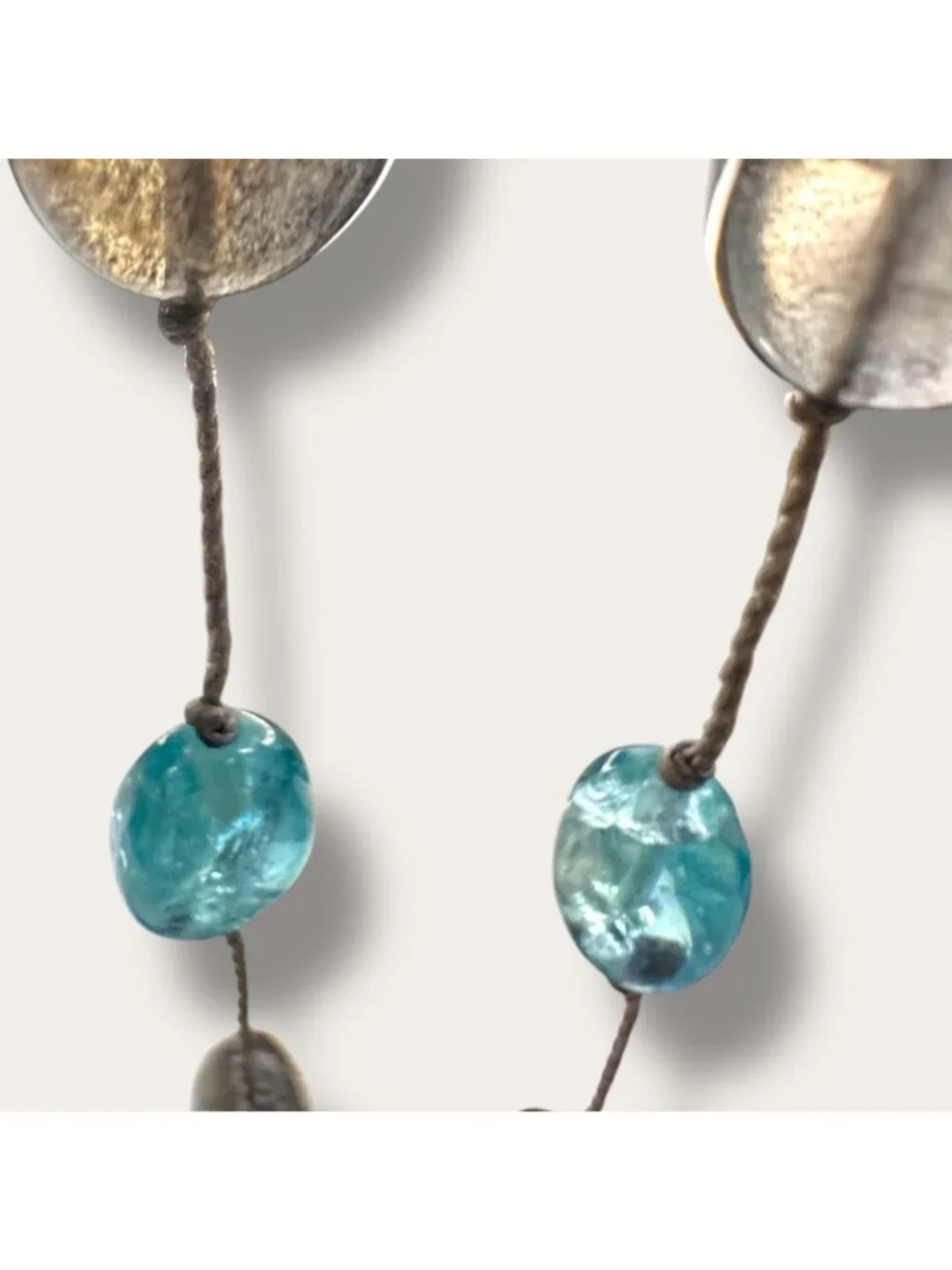 Handcrafted Sea Glass Bead Necklace Hand Knotted Aqua & Smoky Bead 36 inch EVC